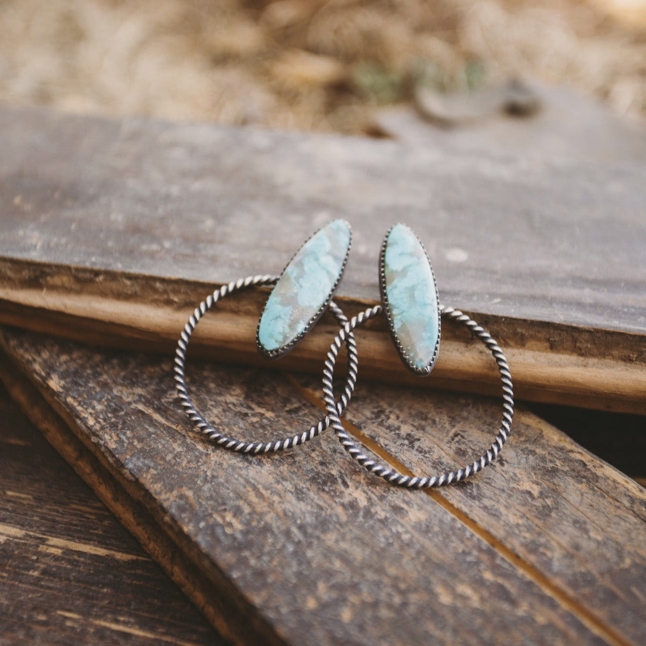 Twisted Turquoise Silver Hoop Earrings